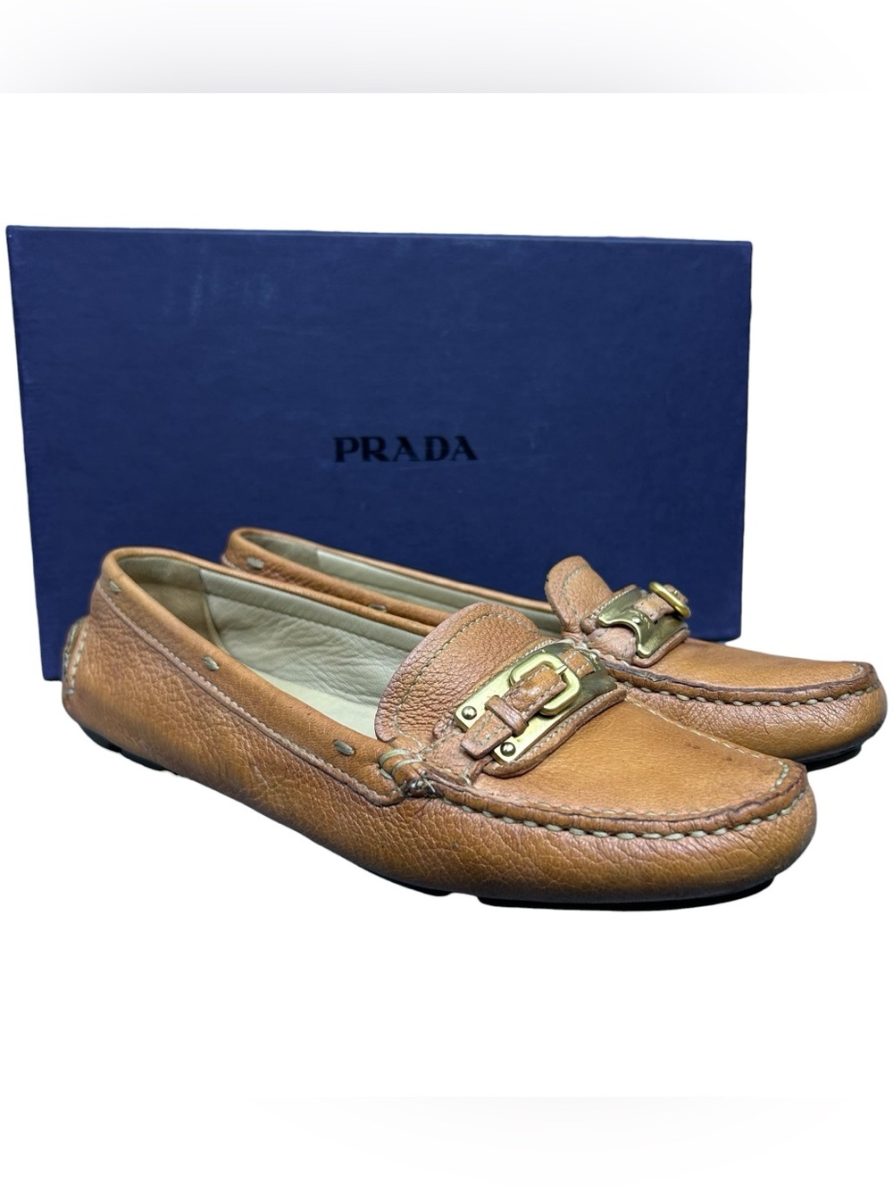 Prada Womens Pebble Leather Loafers Driving Shoes Size 6.5 US / 36.6 Gold Buckle